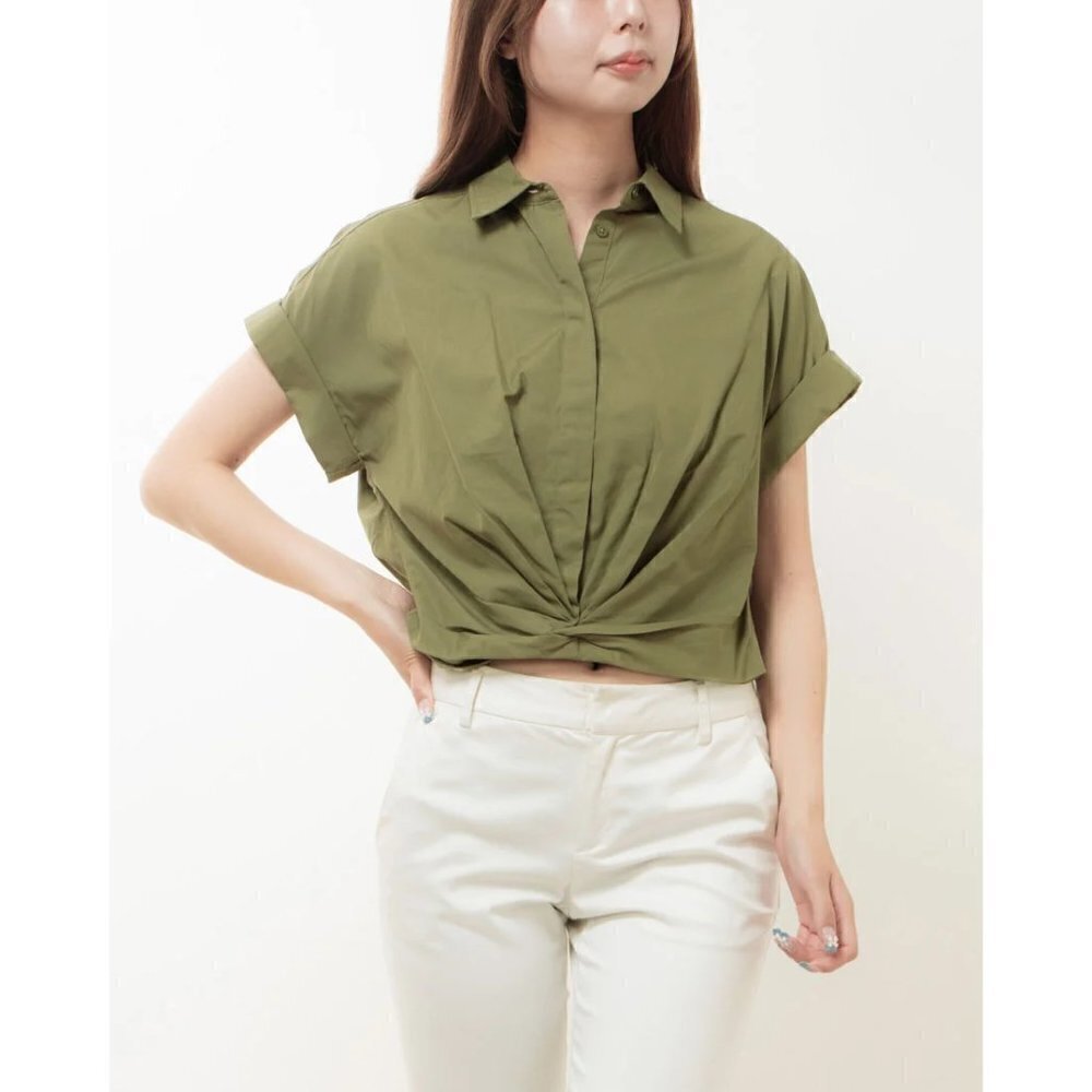 Ralph Lauren Cropped Shirt Women's Size 14 Green Button Down Short Sleeve Top